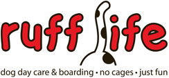 The ruff life logo with  red text and a dog's tail for the l in life
